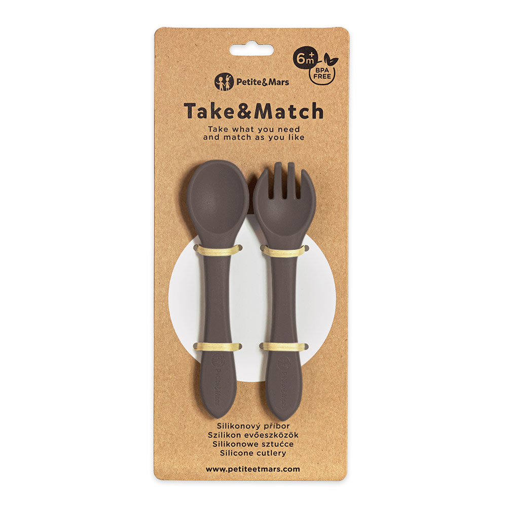 PETITE&MARS Příbor silikonový Take&Match Bitter Cocoa 6m+