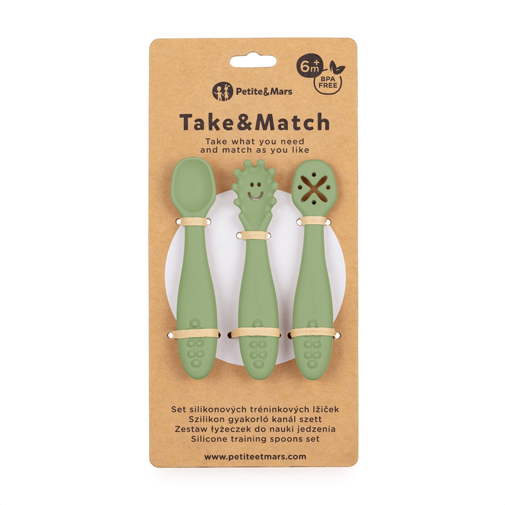 PETITE&MARS Set 3 ks silikonových tréninkových lžiček Take&Match Sweet Pea  6m+