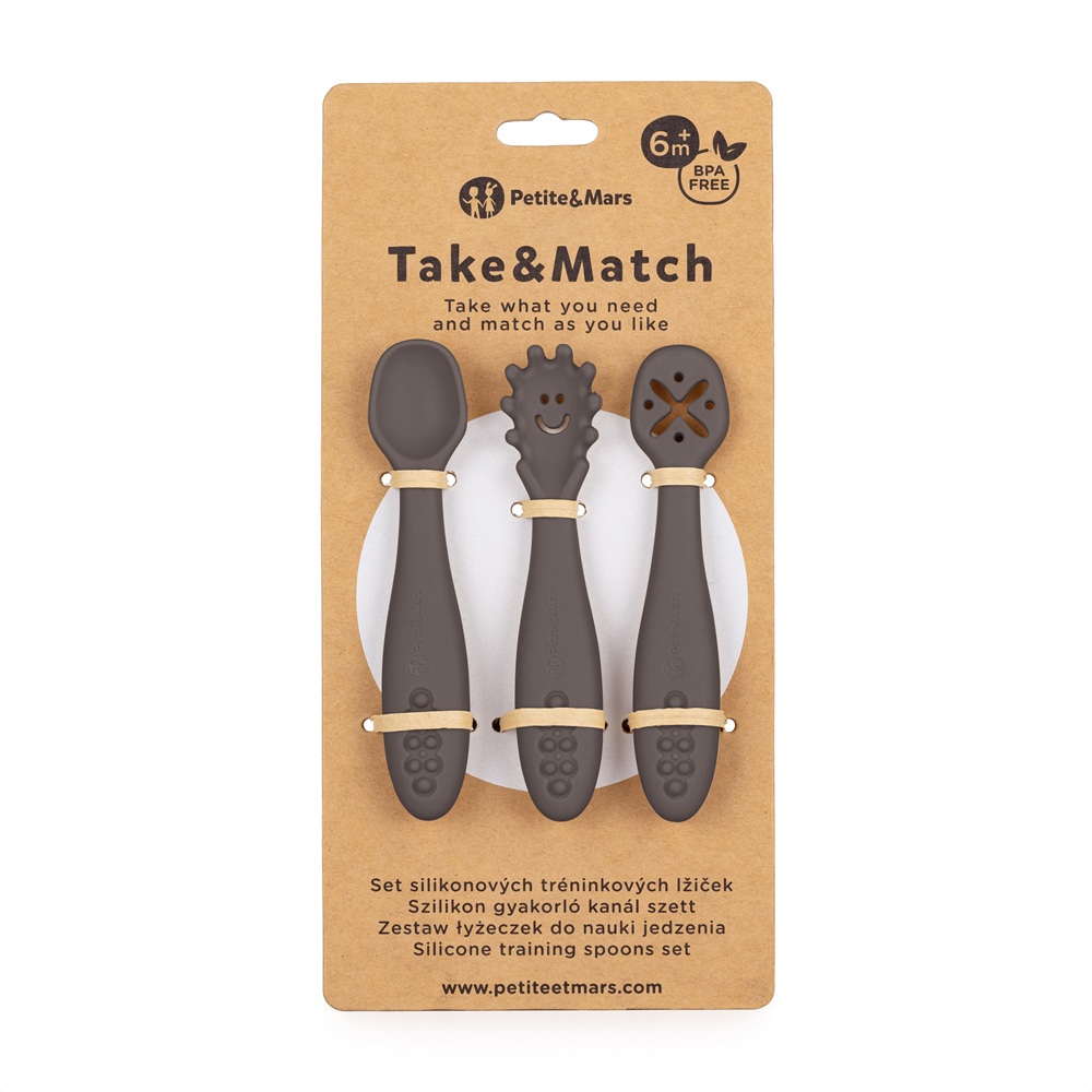 PETITE&MARS Set 3 ks silikonových tréninkových lžiček Take&Match Bitter Cocoa 6m+
