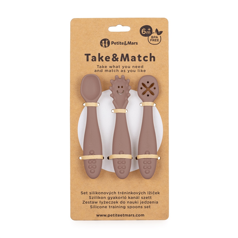 PETITE&MARS Set 3 ks silikonových tréninkových lžiček Take&Match Velvet Latte 6m+