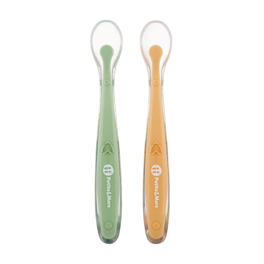PETITE&MARS Silikonové lžičky s pouzdrem, sada 2 ks, Take&Match Pea - Ochre 6m+