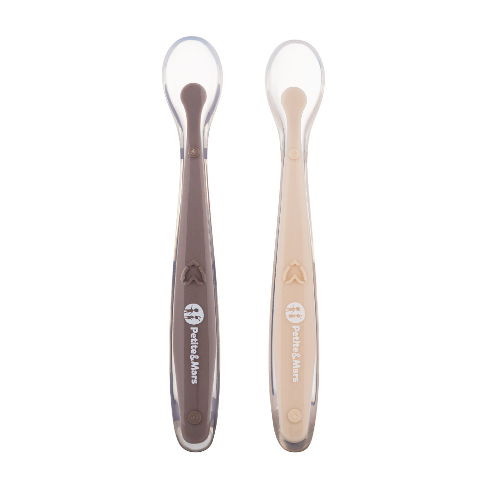 PETITE&MARS Silikonové lžičky s pouzdrem, sada 2 ks, Take&Match Sand - Cocoa 6m+