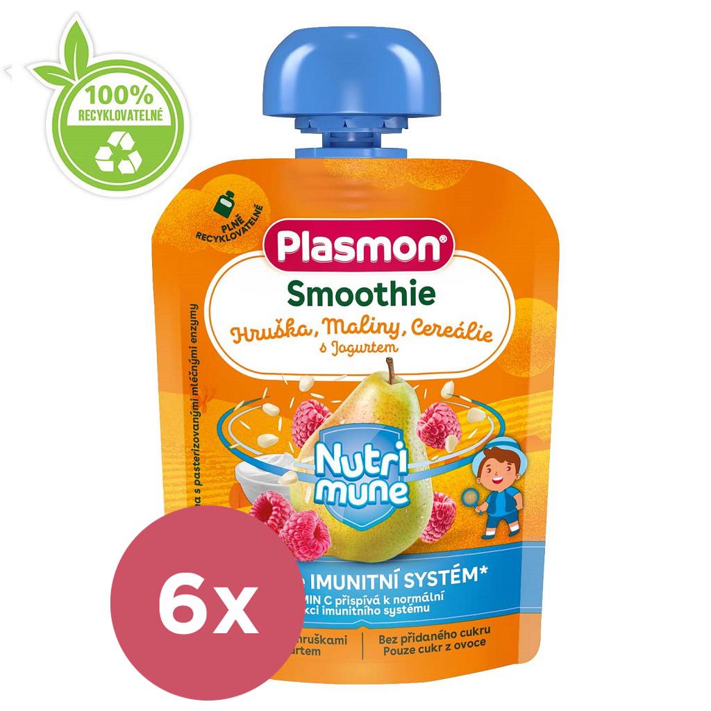 Obrázok 6x PLASMON Kapsička Smoothie NUTRI-MUNE bezlep. ovoce-jogurt hruška a malina s cereáliami 85g, 8 m+