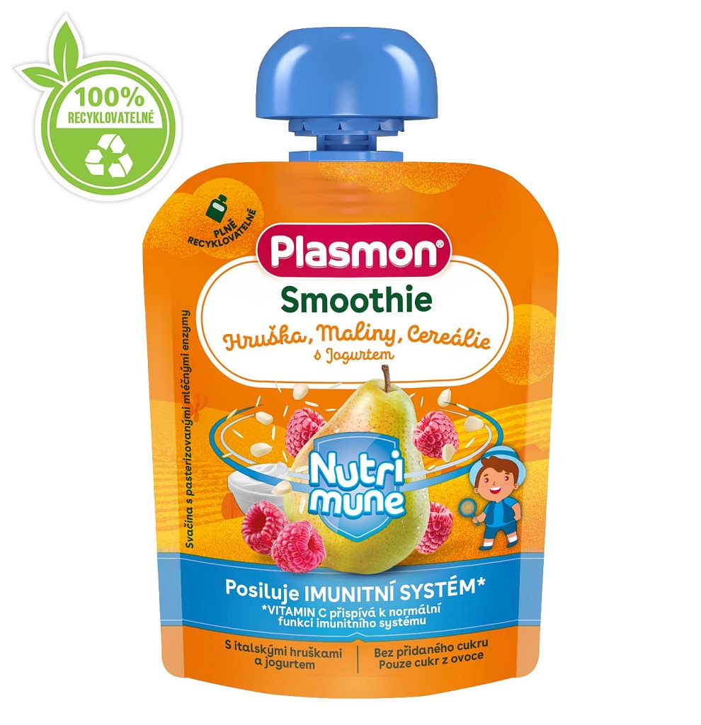 Obrázok PLASMON Kapsička Smoothie NUTRI-MUNE bezlepkové ovoce-jogurt hruška a malina s cereáliami 85g, 8 m+