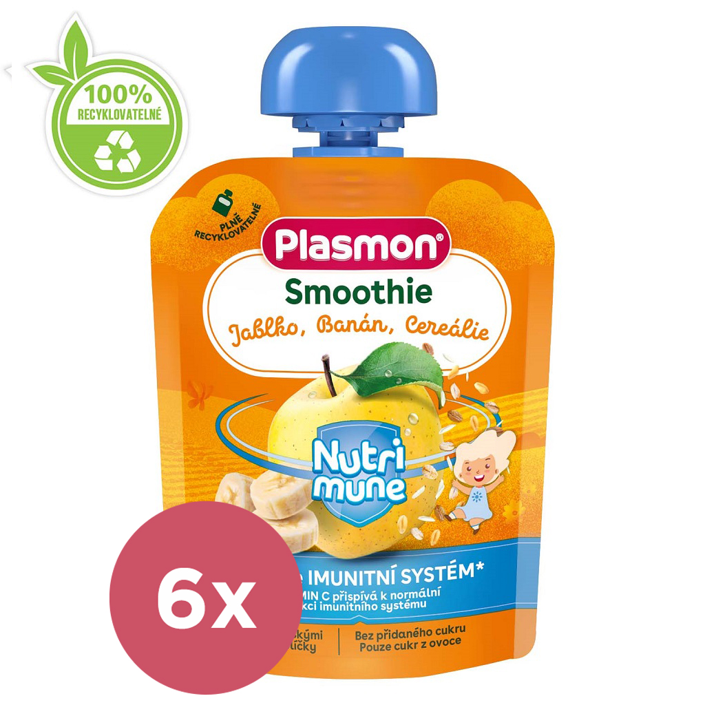 Obrázok 6x PLASMON Kapsička Smoothie NUTRI-MUNE bezlepkové ovocné jablko a banán s cereáliami 85g, 6 m+