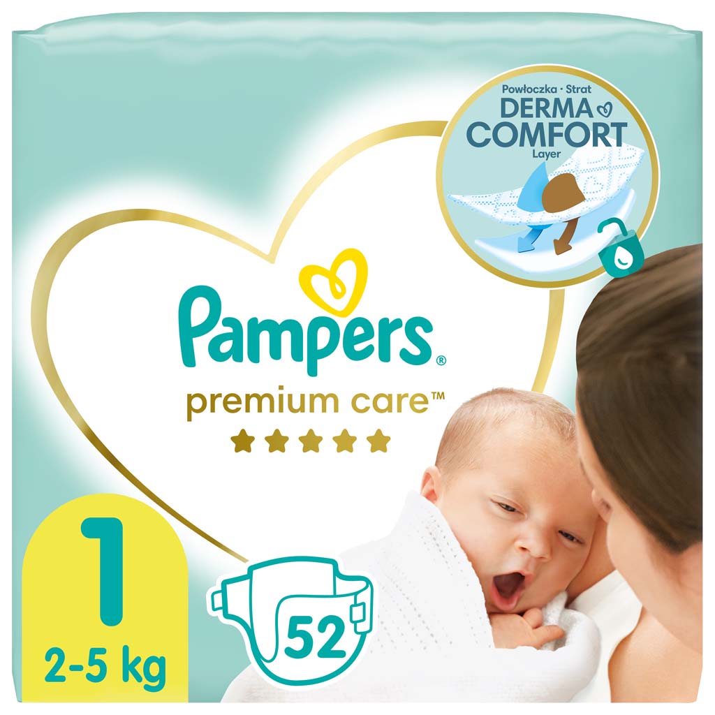 PAMPERS Premium Care jednorazové plienky veľ. 1, 52 ks, 2-5 kg