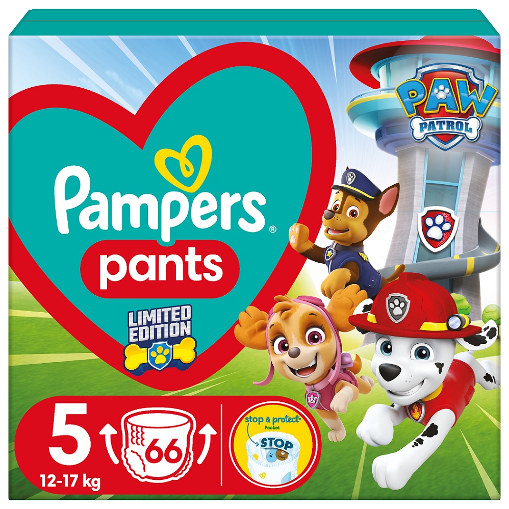 PAMPERS Plienky nohavičkové Active Baby Pants Paw Patrol veľ. 5 (12-17 kg)  66 ks