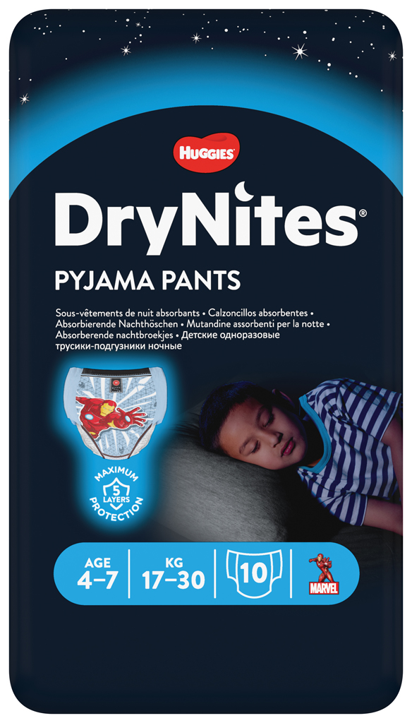 HUGGIES DryNites Nohavičky plienkové jednorazové pre chlapca 4-7 rokov (17-30 kg) 10 ks