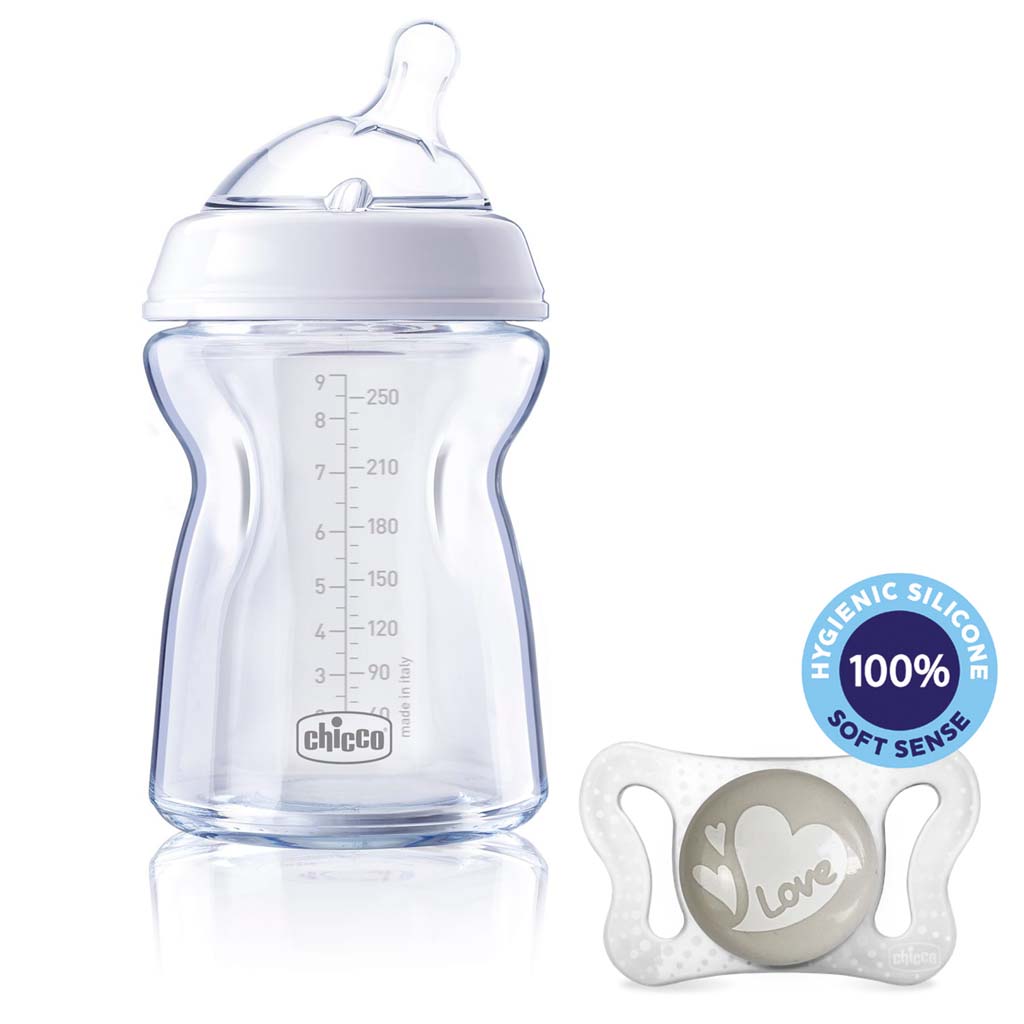 CHICCO Fľaša dojčenská sklo Natural Feeling 250 ml, neutral 0m + vzorka Cumlík Physio Micro 0-2m