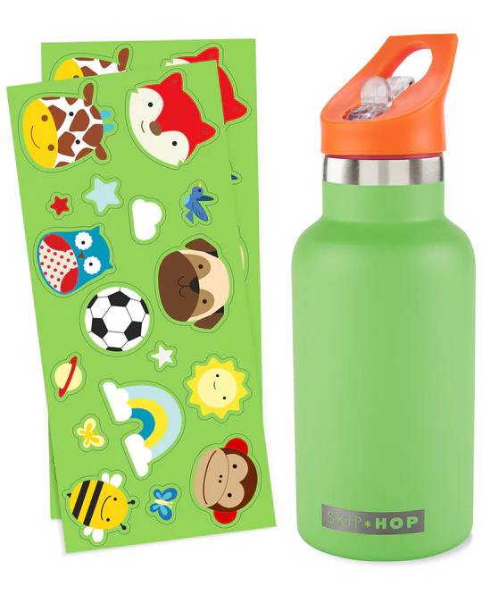 SKIP HOP Láhev s nálepkami se slámkovým náústkem nerezová zelená 380 ml, 4r+