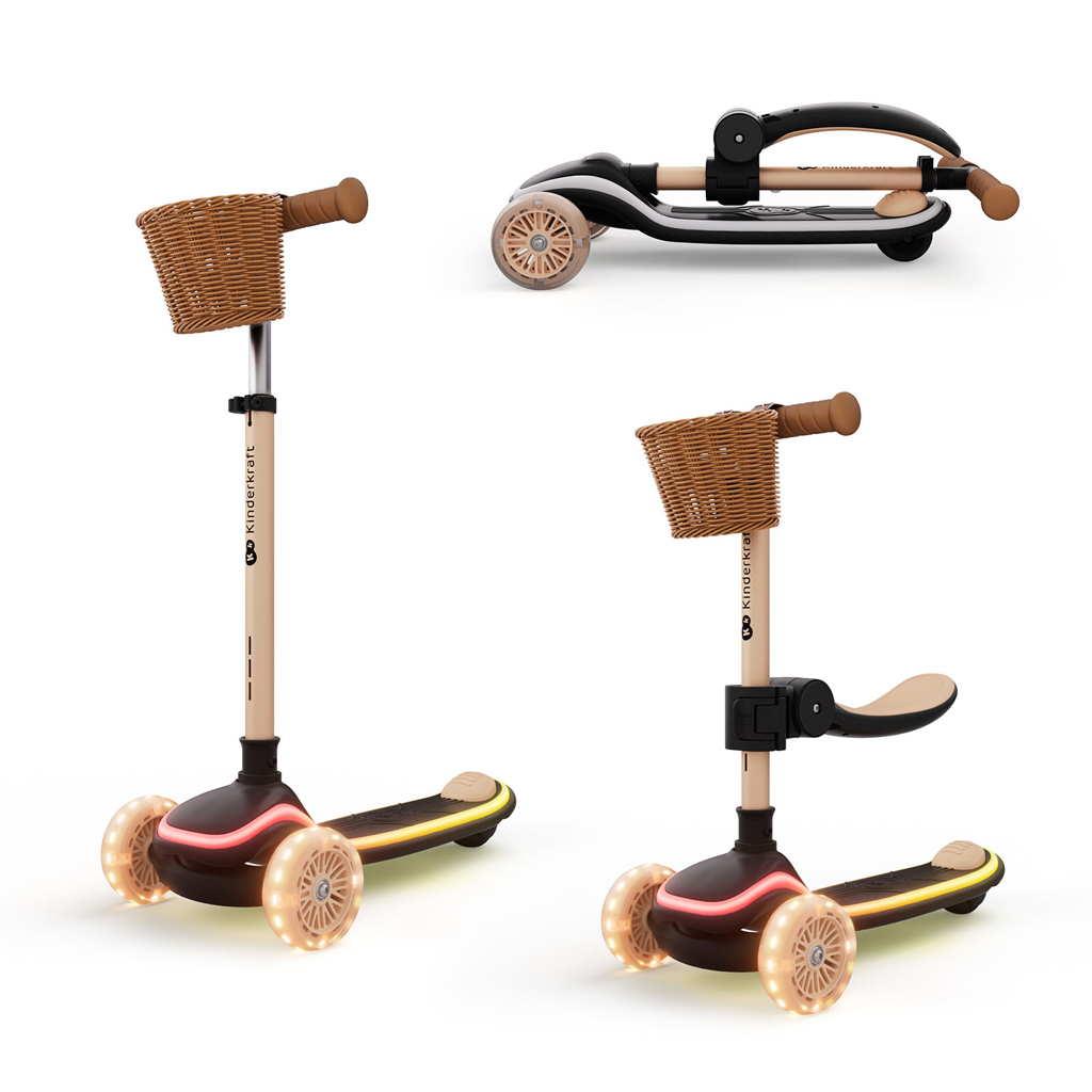 Kinderkraft RAKET UP Beige – LED roller-ülés kombináció, amely a gyermek első lépéseitől a dinamikus mozgásig kísérli