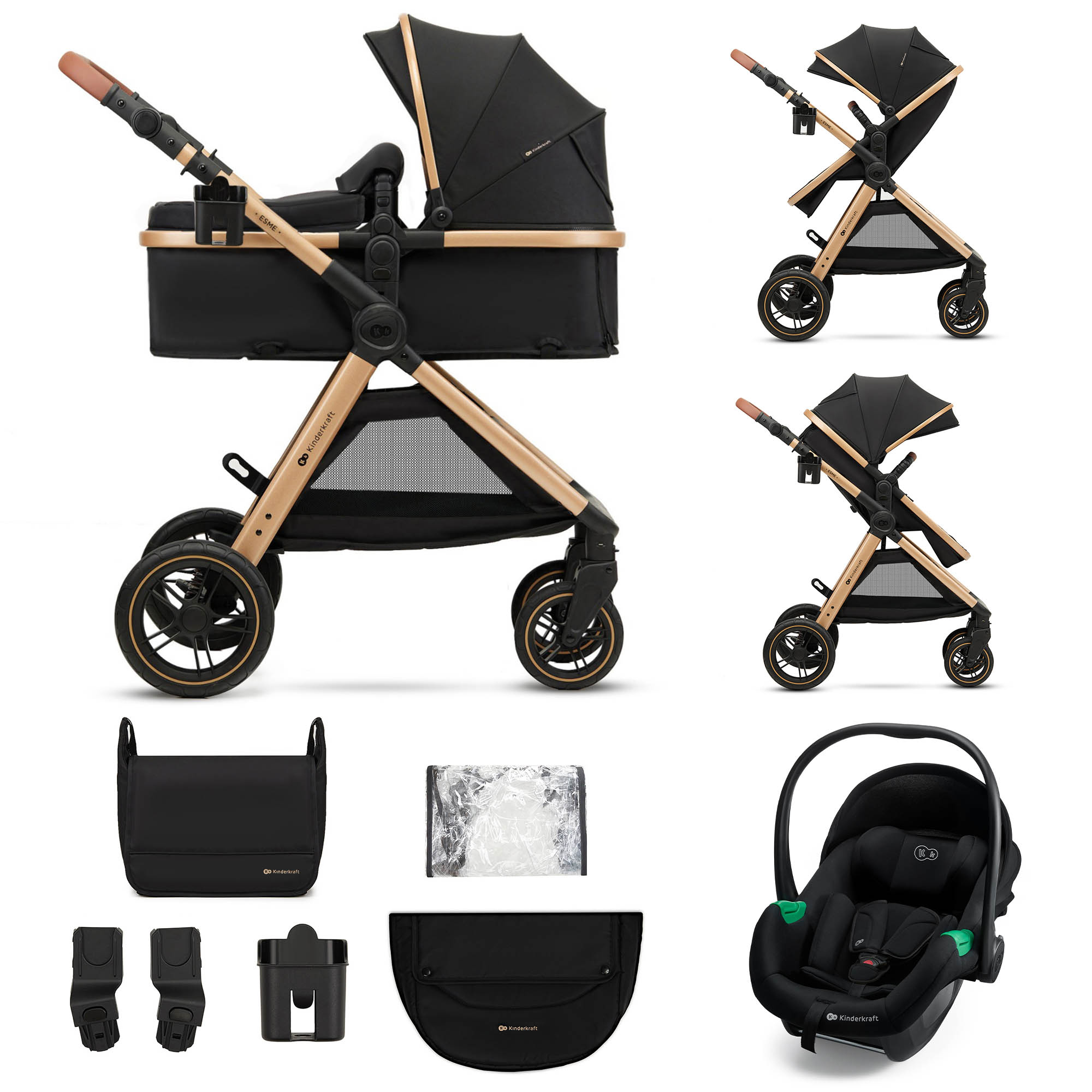 KINDERKRAFT Kočárek kombinovaný 3v1 Esme Pro Pure Black