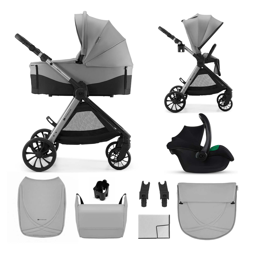 A Kinderkraft Vesto 2 3v1 Grey multifunkcionális babakocsi, amely egyben mózeskosár, babakocsi és autósülés is