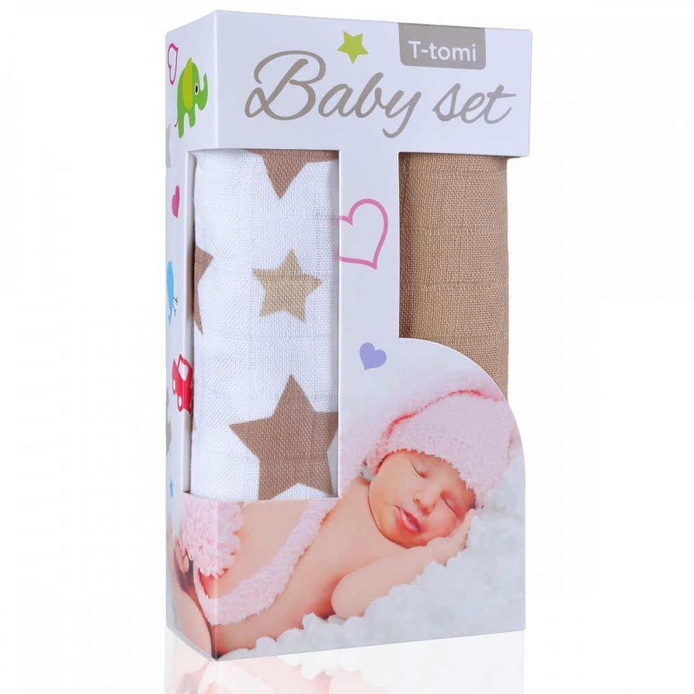 Obrázok T-TOMI - Baby set - bambusová osuška beige stars + bambusová osuška beige