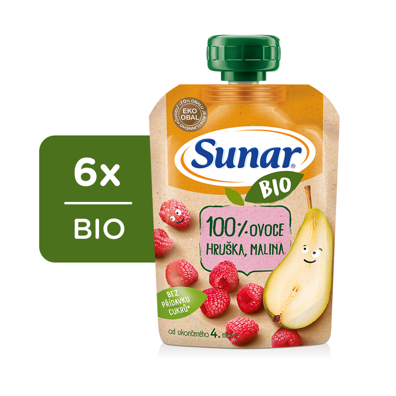 6x SUNAR BIO ovocná kapsička hruška, malina 4m+, 100 g