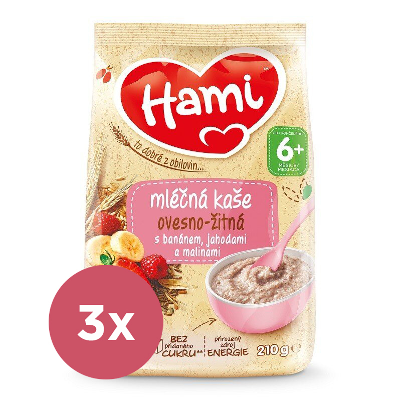 3x HAMI Kaša mliečna ovseno-ražná s banánom, jahodami a malinami 210 g, 6m+