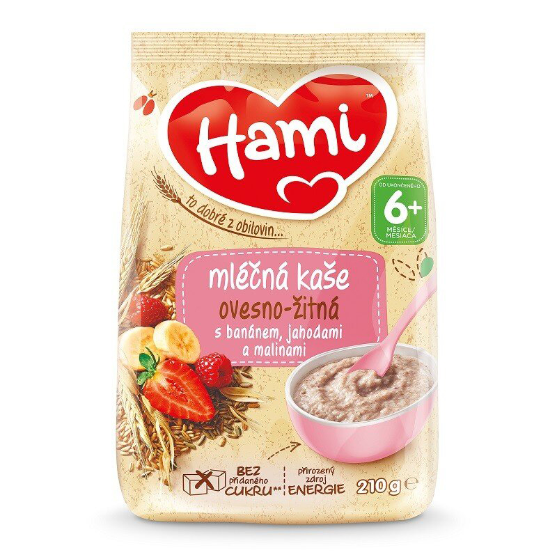 7x HAMI Kaša mliečna ovseno-ražná s banánom, jahodami a malinami 210 g, 6m+