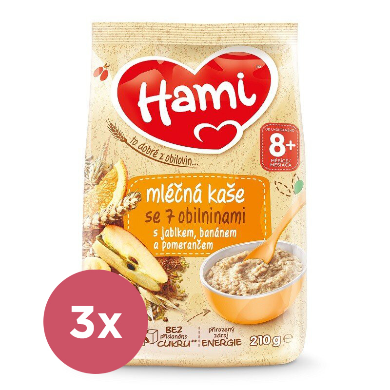 3x HAMI Kaša mliečna so 7 obilninami s jablkom, banánom a pomarančom 210 g, 8+