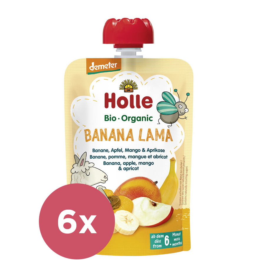 6x HOLLE Banana Lama Bio ovocné pyré banán, jablko, mango, marhuľa, 100 g (6 m+)