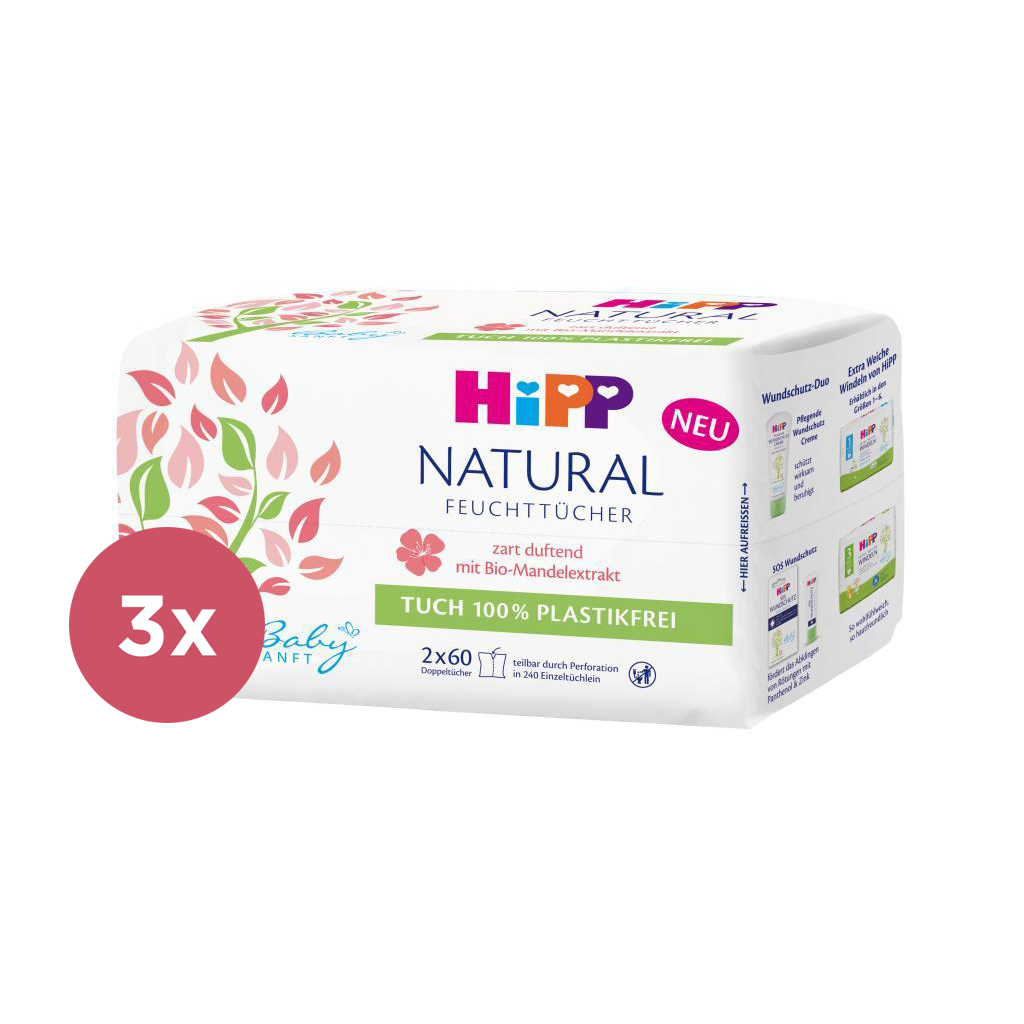 3x HiPP Babysanft Čistiace vlhčené obrúsky Natural 2 x 60 ks