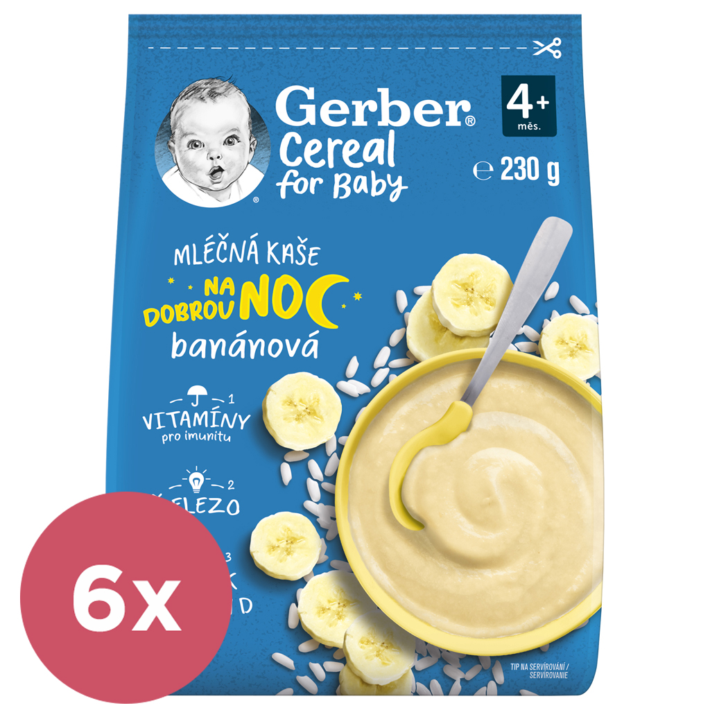 6x GERBER Kaša mliečna cereal banánová Dobrú noc 230 g