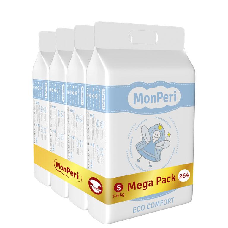 MONPERI Eco Comfort Plienky jednorazové S (3-6 kg) 264 ks - Mega Pack