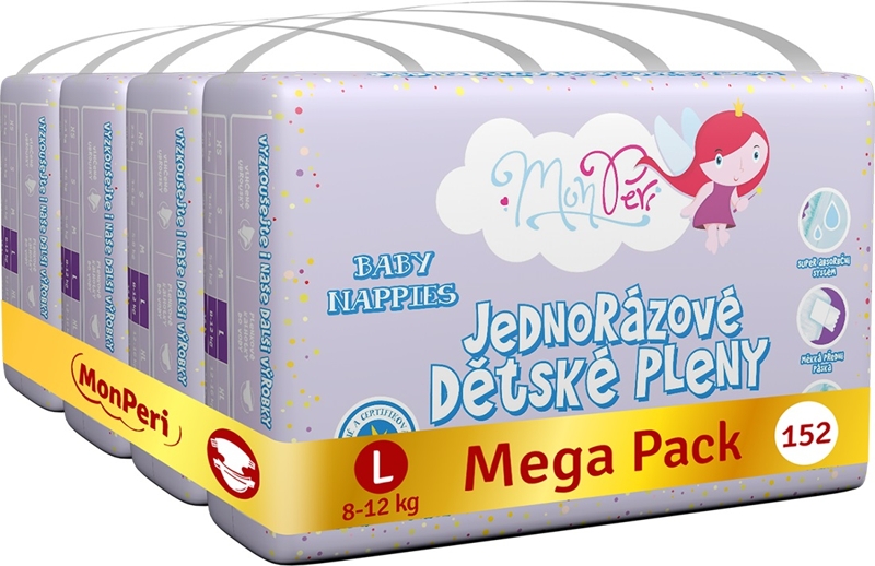 MONPERI Klasik Plienky jednorazové L (8-12 kg) 152 ks - Mega Pack